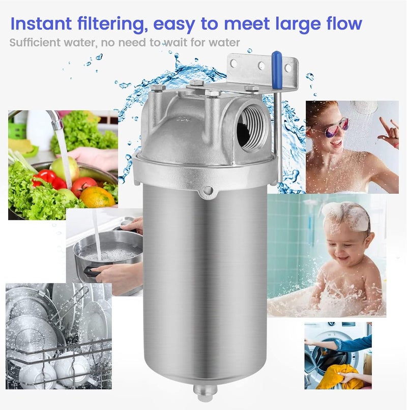 NSF/ANSI 42 Stainless Steel Whole House Water Filter Housing, 5" x 2.5" Sediment Water Filter System for Heavy Duty, Well & City Water, 1/2" NPT Port, Drain Valve Style C